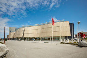 The exterior architecture of the Katuaq Culural Center on a sunny day